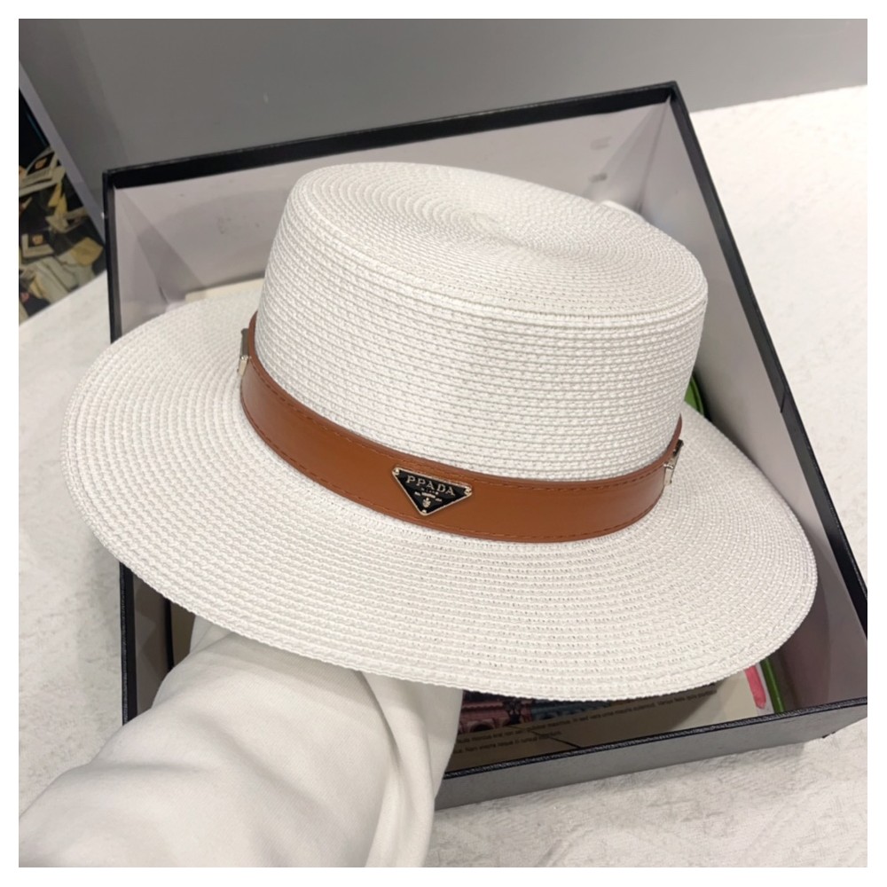 TBkicks Pr*da Flat Topped Straw Hats White
