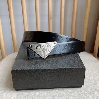 TBkicks Prada Embossed Leather Belt Black & Silver 3.5CM