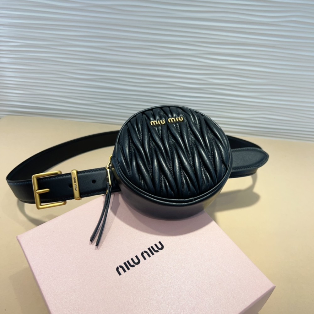 TBkicks MiuMiu Leather Designer Round Bag Belt Black 3.0 CM