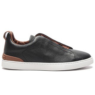 TBkicks ZEGNA Triple Stitch™ Grain Leather Slip-on Sneakers Black Cognac