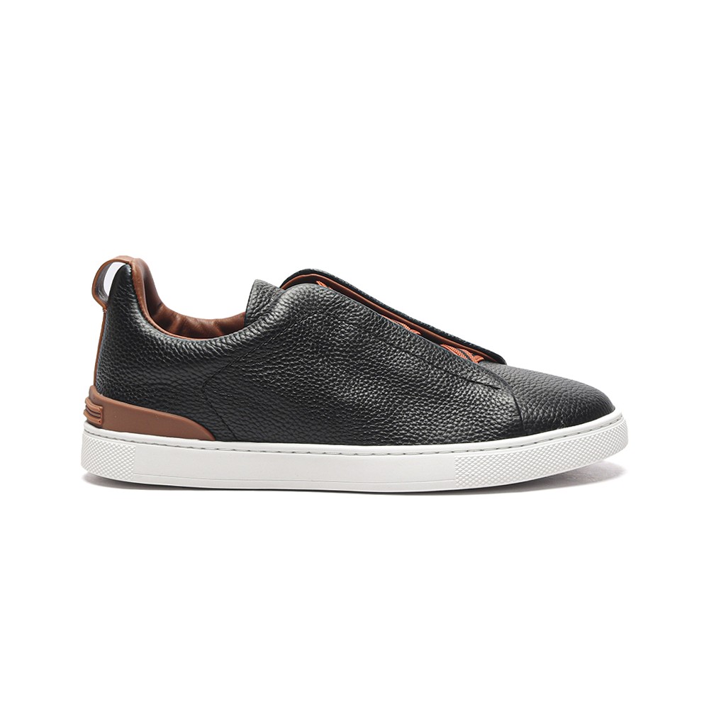 TBkicks ZEGNA Triple Stitch™ Grain Leather Slip-on Sneakers Black Cognac